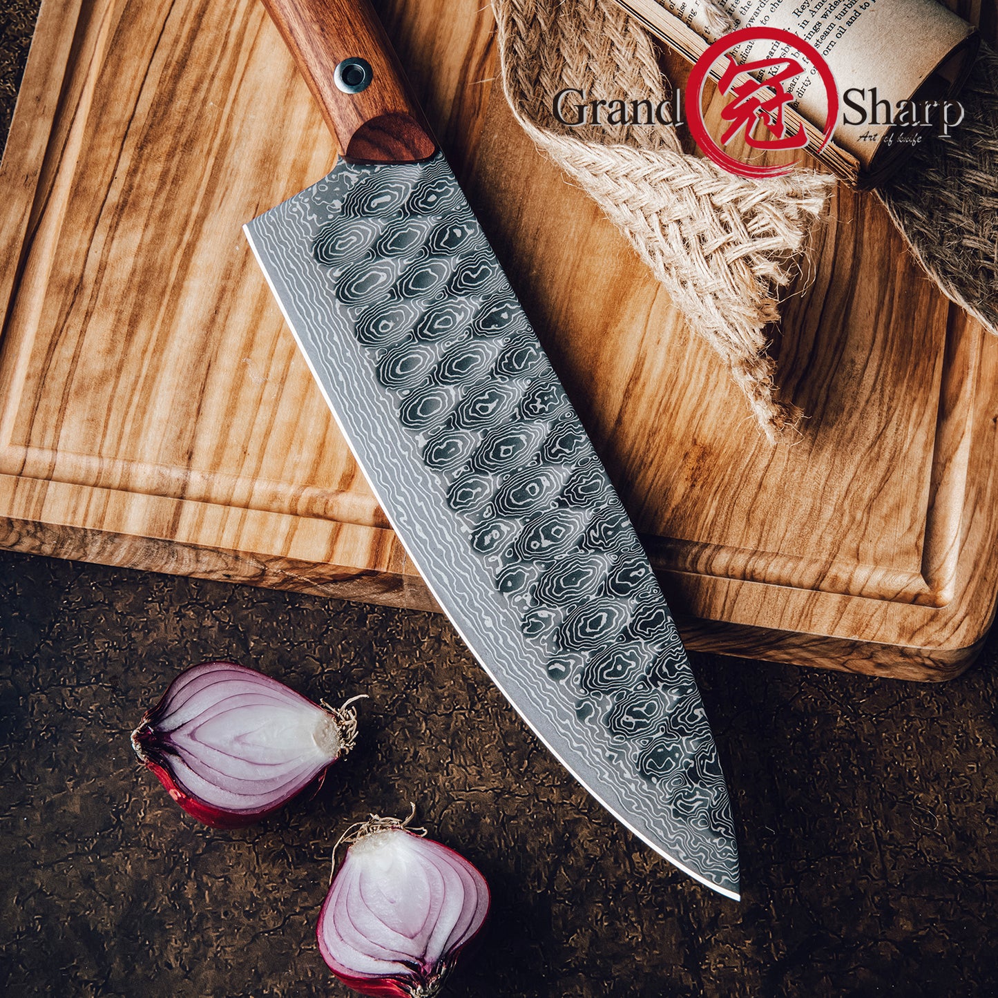 Grandsharp 8 Inch Premium Chef Knife 67 Layers 10Cr15MoV Core Damascus Steel Africa Rose Wood Handle with Gift Box Santoku