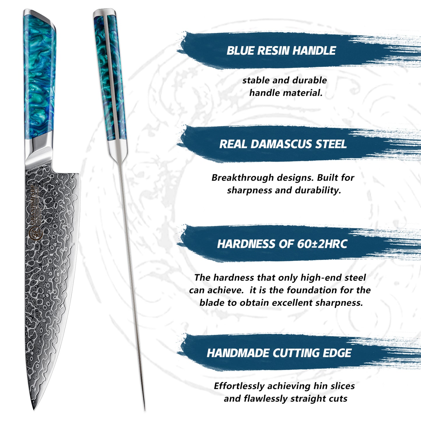 Grandsharp 1-5Pcs Premium Damascus Kitchen Knife set 129 Layers 10Cr15MoVcore Damascus Steel with Classic Resin Handle Design