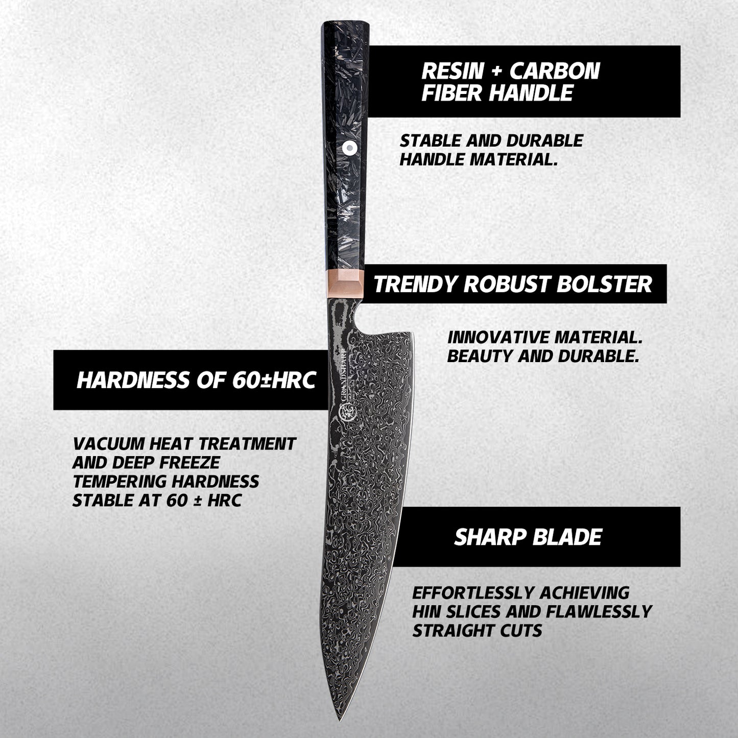 Grandsharp 8'' Kitchen Chef Knife 67 Layers Japanese Damascus Steel Black Chef Kitchen Knives with Black Carbon Fiber Handle