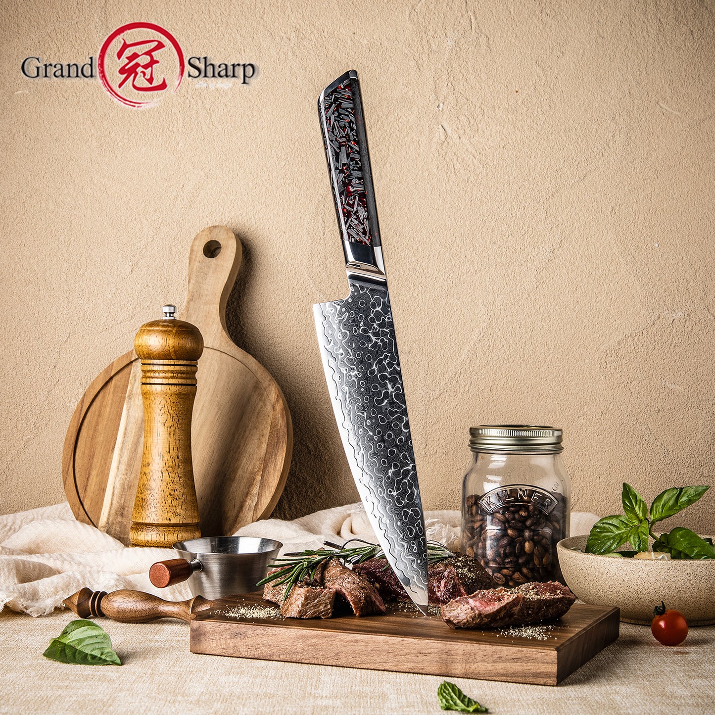 Grandsharp 10Cr15Mov Cutting Core Chef Kitchen Knife 129 Layers Damascus Steel Chef Knives with Black Carbon Fiber+Resin Handle