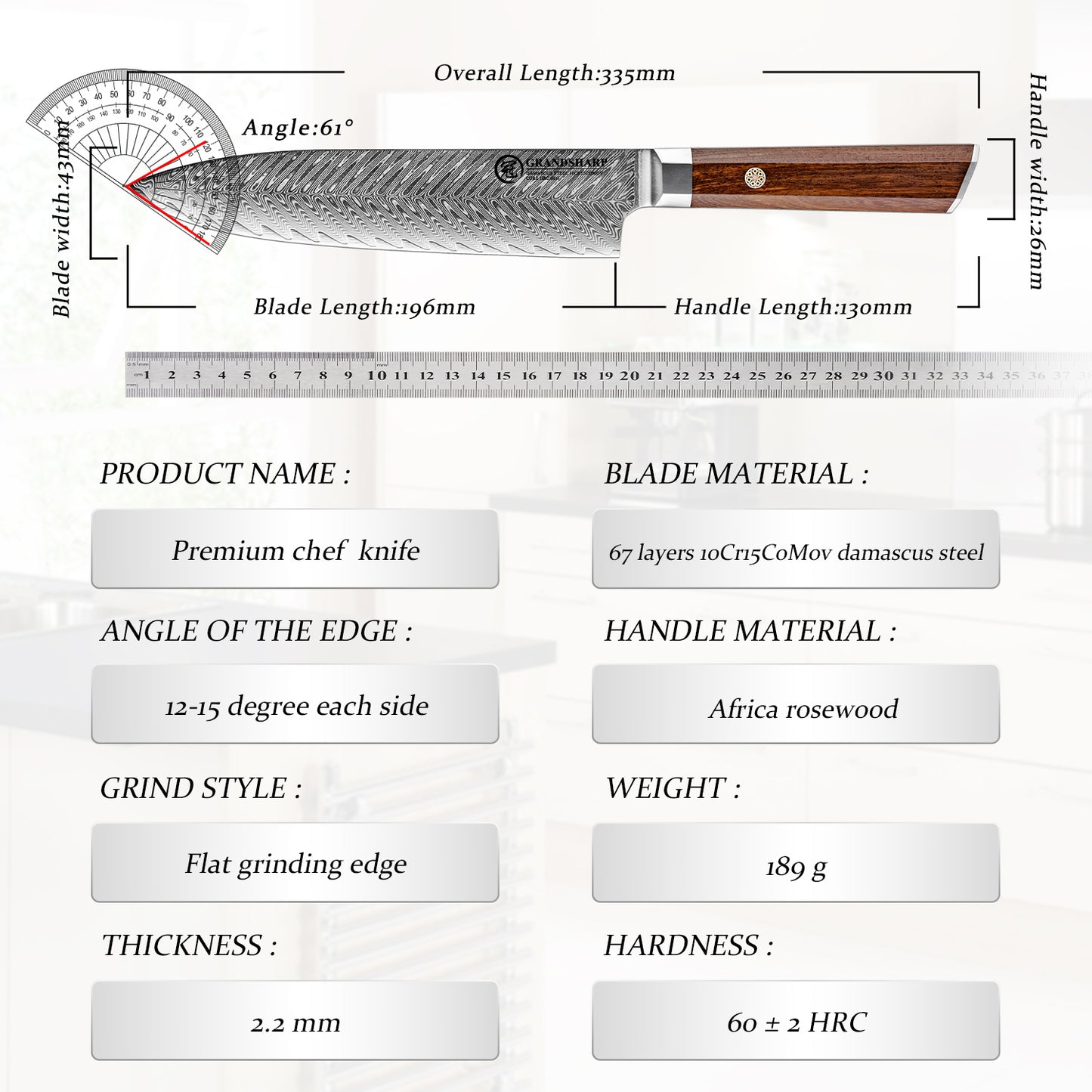 Grandsharp Rose Wood Handle Damascus Chef Knife