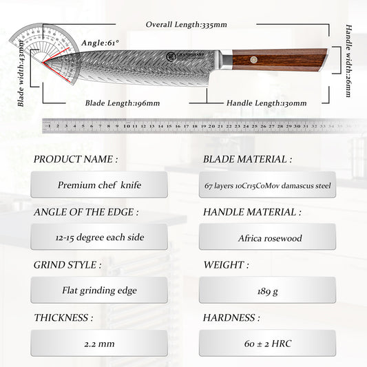 Grandsharp Rose Wood Handle Damascus Chef Knife