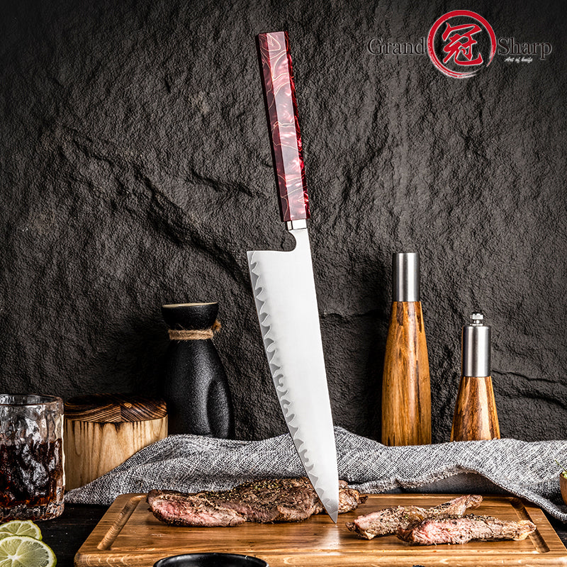 Grandsharp Handmade 8-Inch High Carbon 5 Layers Clad Steel Kitchen Chef Knife with Red Resin Handle