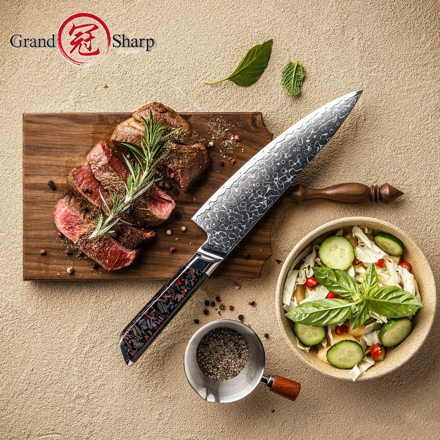 Grandsharp 10Cr15Mov Cutting Core Chef Kitchen Knife 129 Layers Damascus Steel Chef Knives with Black Carbon Fiber+Resin Handle