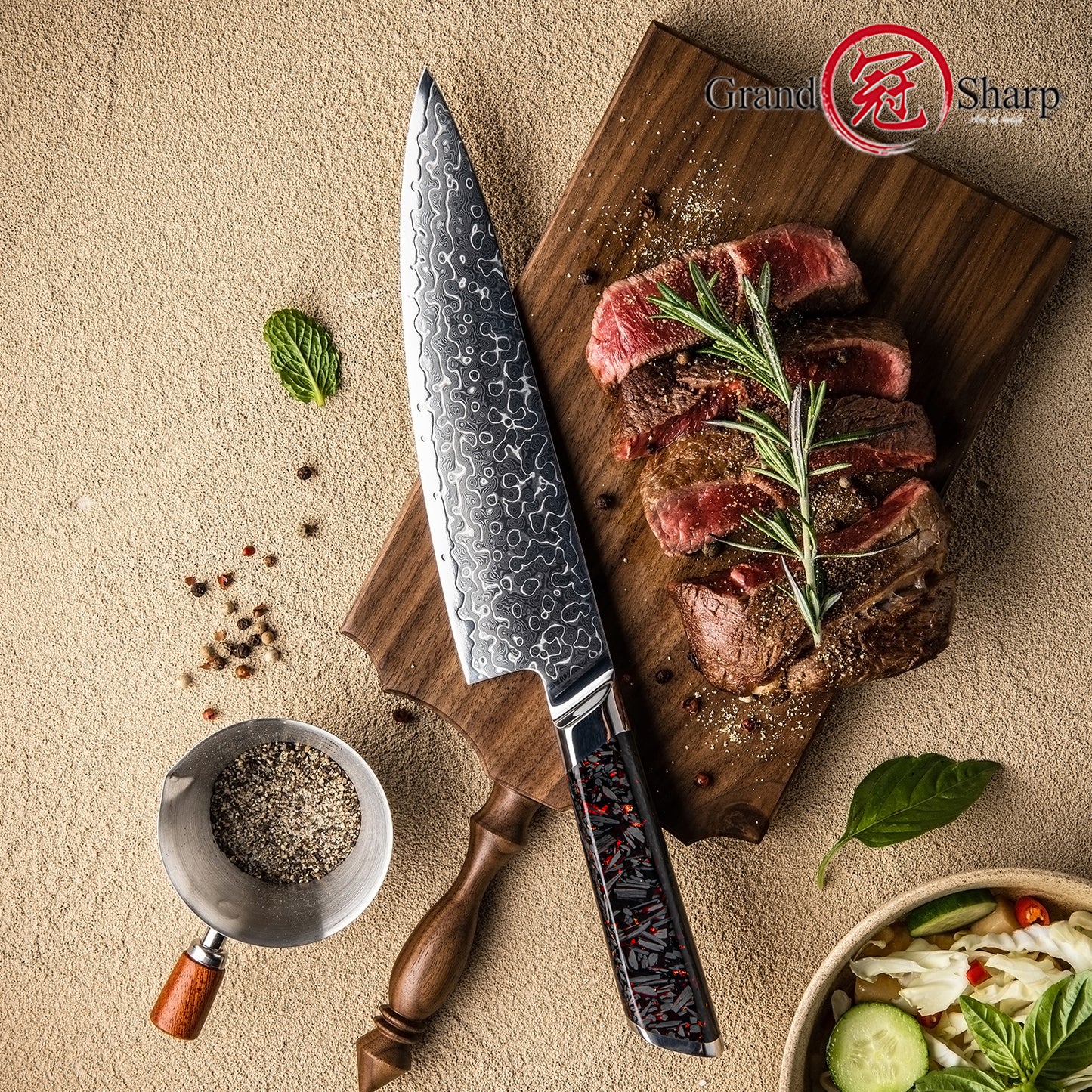 Grandsharp 10Cr15Mov Cutting Core Chef Kitchen Knife 129 Layers Damascus Steel Chef Knives with Black Carbon Fiber+Resin Handle