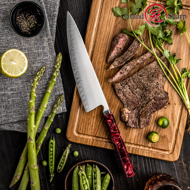 Grandsharp Handmade 8-Inch High Carbon 5 Layers Clad Steel Kitchen Chef Knife with Red Resin Handle
