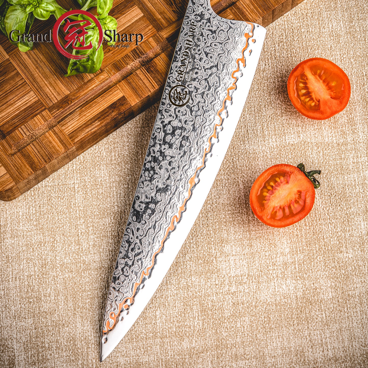 Grandsharp Custom 55 Layers Damascus Steel 8 Inch Chef Knife with Solidified Wood Handle