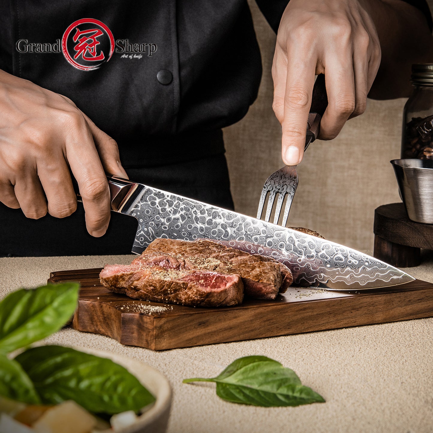 Grandsharp 10Cr15Mov Cutting Core Chef Kitchen Knife 129 Layers Damascus Steel Chef Knives with Black Carbon Fiber+Resin Handle