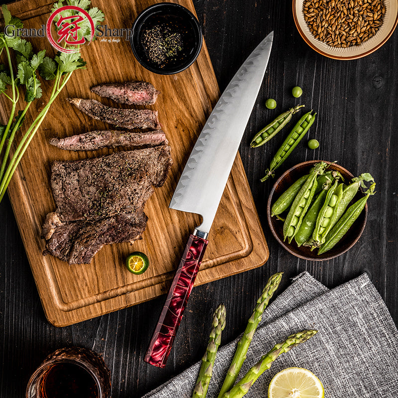 Grandsharp Handmade 8-Inch High Carbon 5 Layers Clad Steel Kitchen Chef Knife with Red Resin Handle