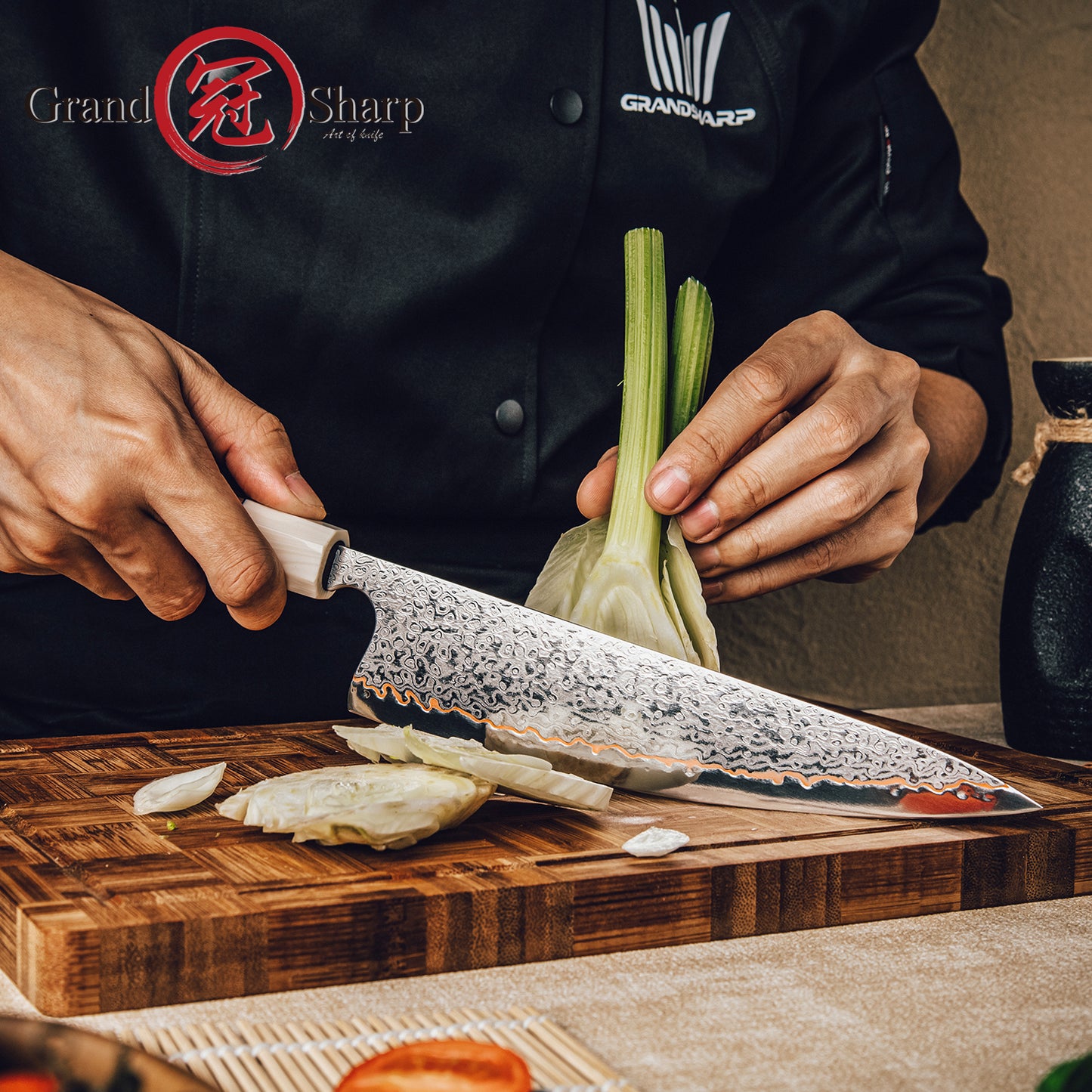 Grandsharp Custom 55 Layers Damascus Steel 8 Inch Chef Knife with Solidified Wood Handle