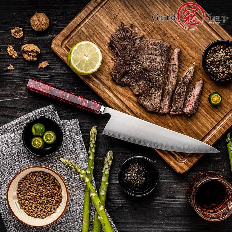 Grandsharp Handmade 8-Inch High Carbon 5 Layers Clad Steel Kitchen Chef Knife with Red Resin Handle
