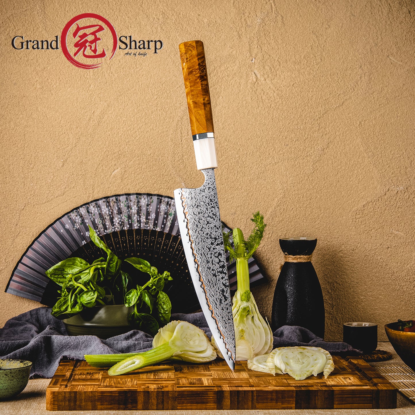 Grandsharp Custom 55 Layers Damascus Steel 8 Inch Chef Knife with Solidified Wood Handle