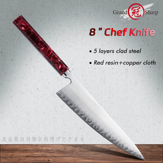 Grandsharp Handmade 8-Inch High Carbon 5 Layers Clad Steel Kitchen Chef Knife with Red Resin Handle
