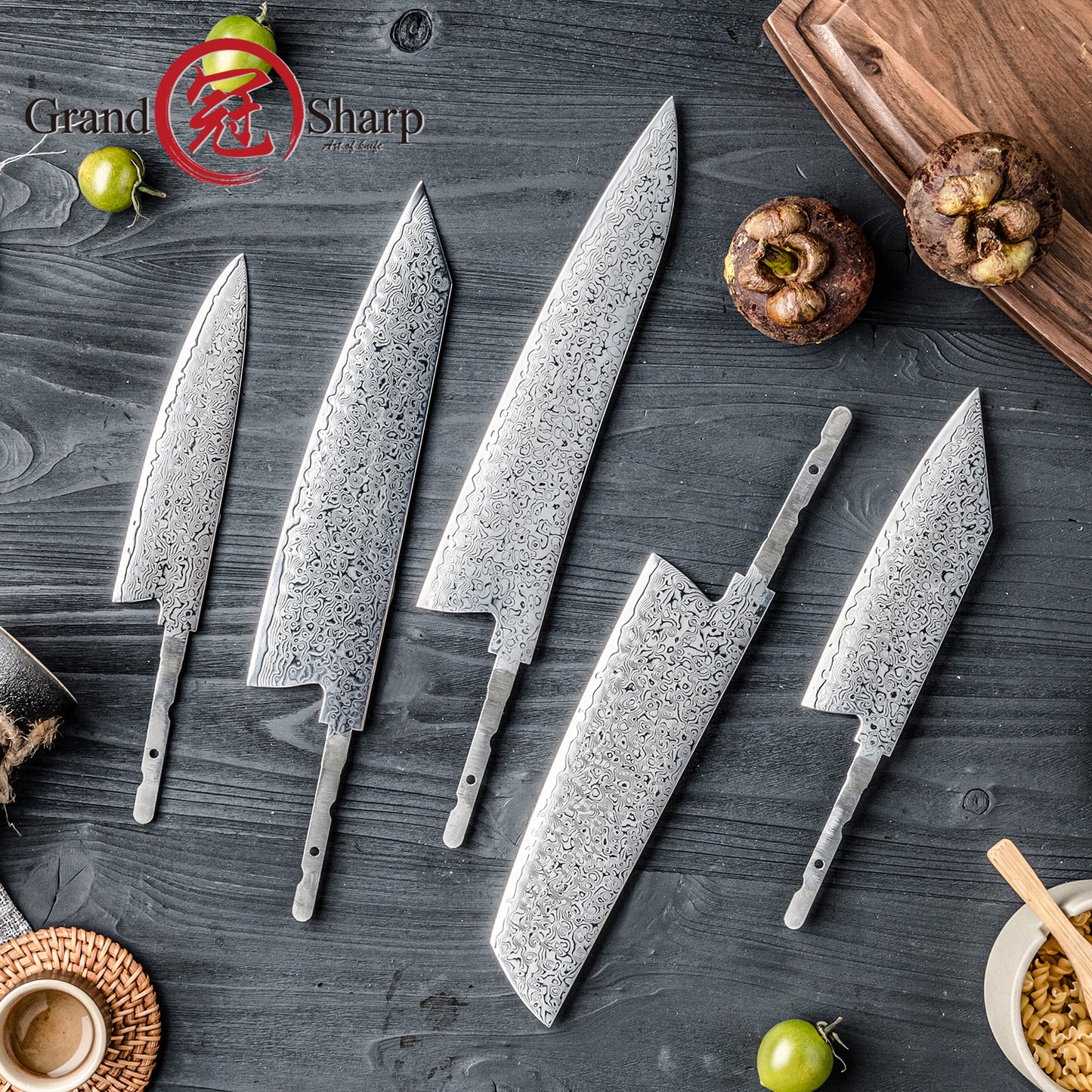 Grandsharp DIY Knife Blade Japanese 67 Layers 10CR15MOV Damascus Steel Knife Blank Blade Set Kitchen Chef Knife Blank Blades