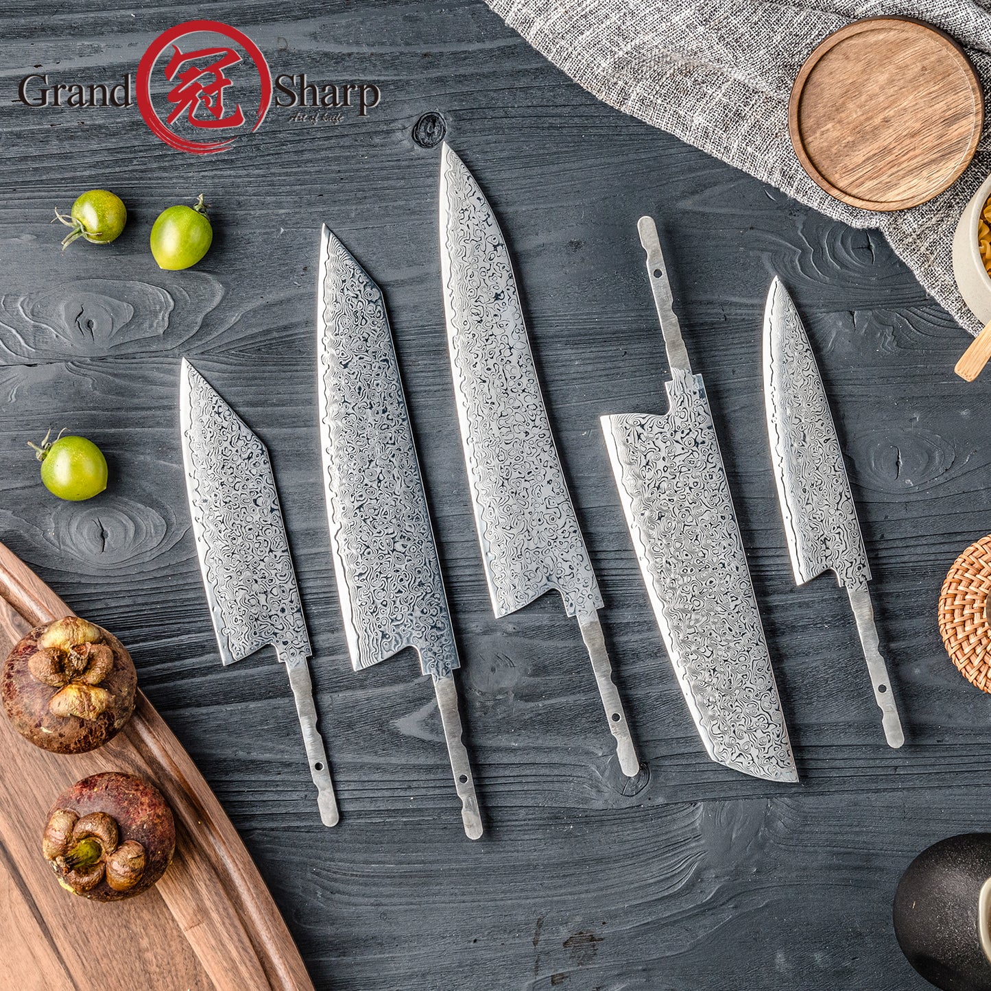 Grandsharp DIY Knife Blade Japanese 67 Layers 10CR15MOV Damascus Steel Knife Blank Blade Set Kitchen Chef Knife Blank Blades