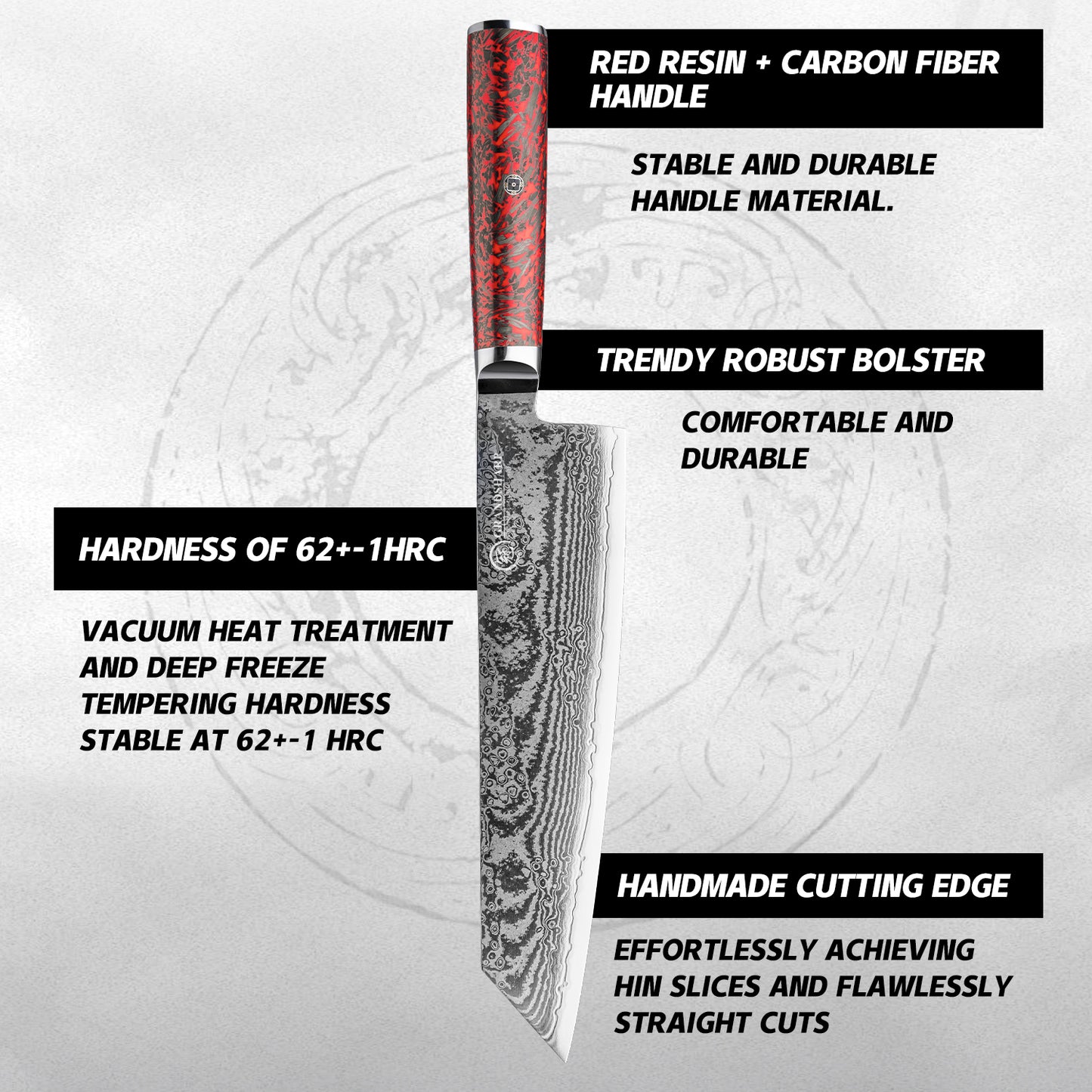 Grandsharp 67 Layers S35VN Damascus Steel Kiritsuke Knife Carbon Fiber Red Risen Handle