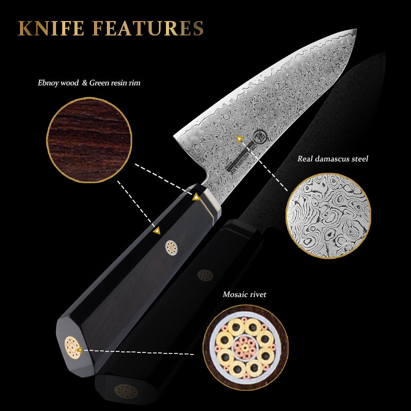 Grandsharp Damascus Kitchen Knife Set Chef Kiritsuke Santoku Nakiri Utility Knife with Ebony Handle
