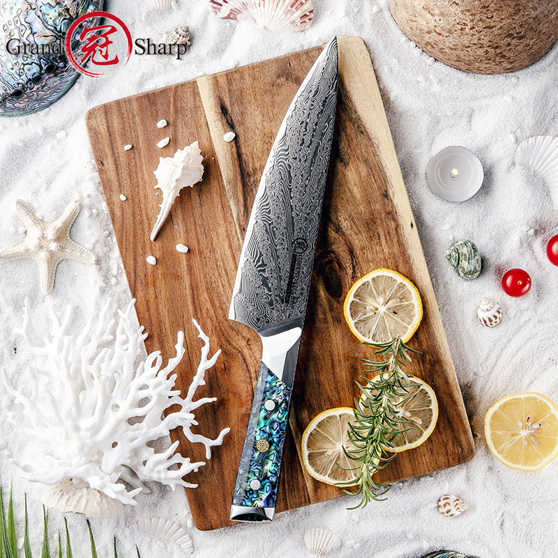 Grandsharp Abalone Shell Handle AUS10 Damascus Pro Kitchen Chef Knife