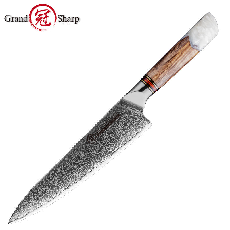 Grandsharp 8''Chef Knife 67 Layers damascus Steel 10Cr15C0Mov Kitchen Knife Vegetable Meat Cooking Tools with White Resin Handle