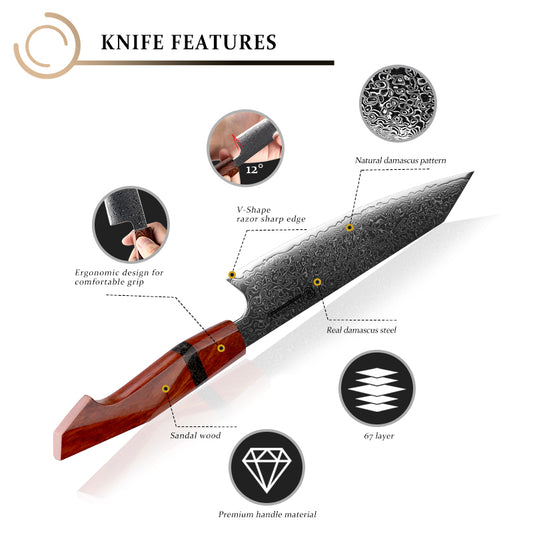 Grandsharp 7.5'' Damascus Steel Chef Kiritsuke Knife 67 Layers Japanese 10CR15MOV Steel Kitchen Chef Knives Sandal Wood Handle