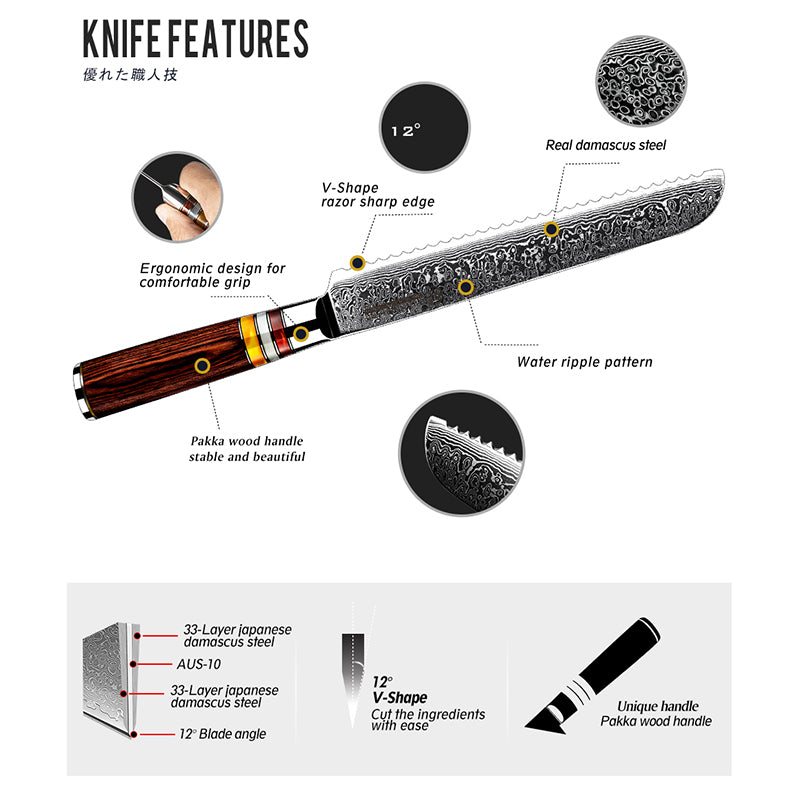 High Quality 8" Inch Ultra Sharp 67 Layers High Carbon Damascus Steel Kitchen Knife Serrated Bread Knife with Pakka Wood Handle