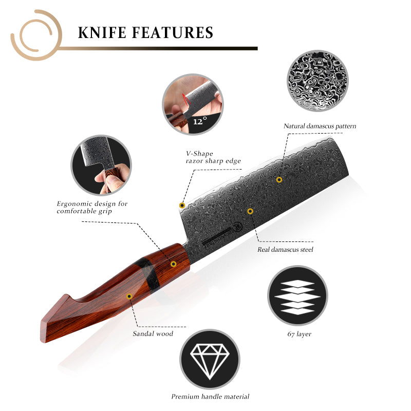 Grandsharp 7 Inch Damascus Nakiri Knife 67 Layers 10Cr15MoV Japanese Kitchen High Carbon Steel Nakiri Knife Sandal Wood Handle