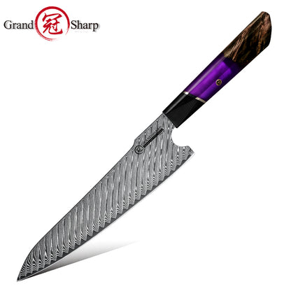 Grandsharp Purple Orange Handle Damascus Chef Knife
