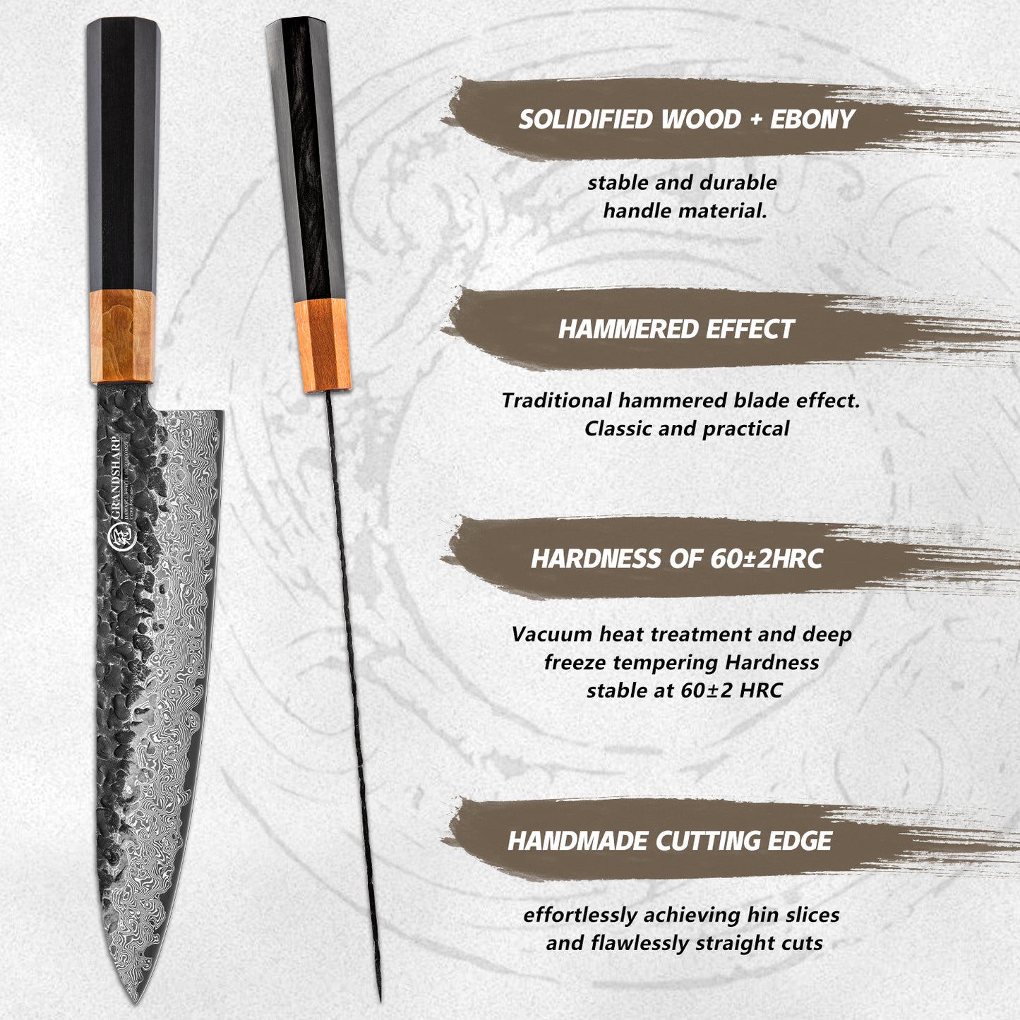 Grandsharp Modern Kitchen Chef Knife 8 Inch Damascus Steel 67 Layers 10Cr15Mov Chef Knives with Ebony & Solidified Wood Handle