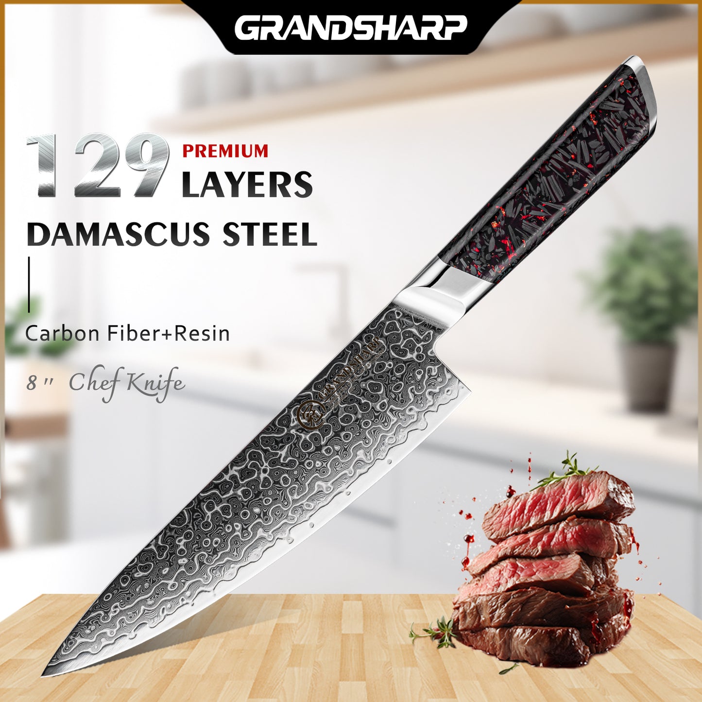 Grandsharp 10Cr15Mov Cutting Core Chef Kitchen Knife 129 Layers Damascus Steel Chef Knives with Black Carbon Fiber+Resin Handle