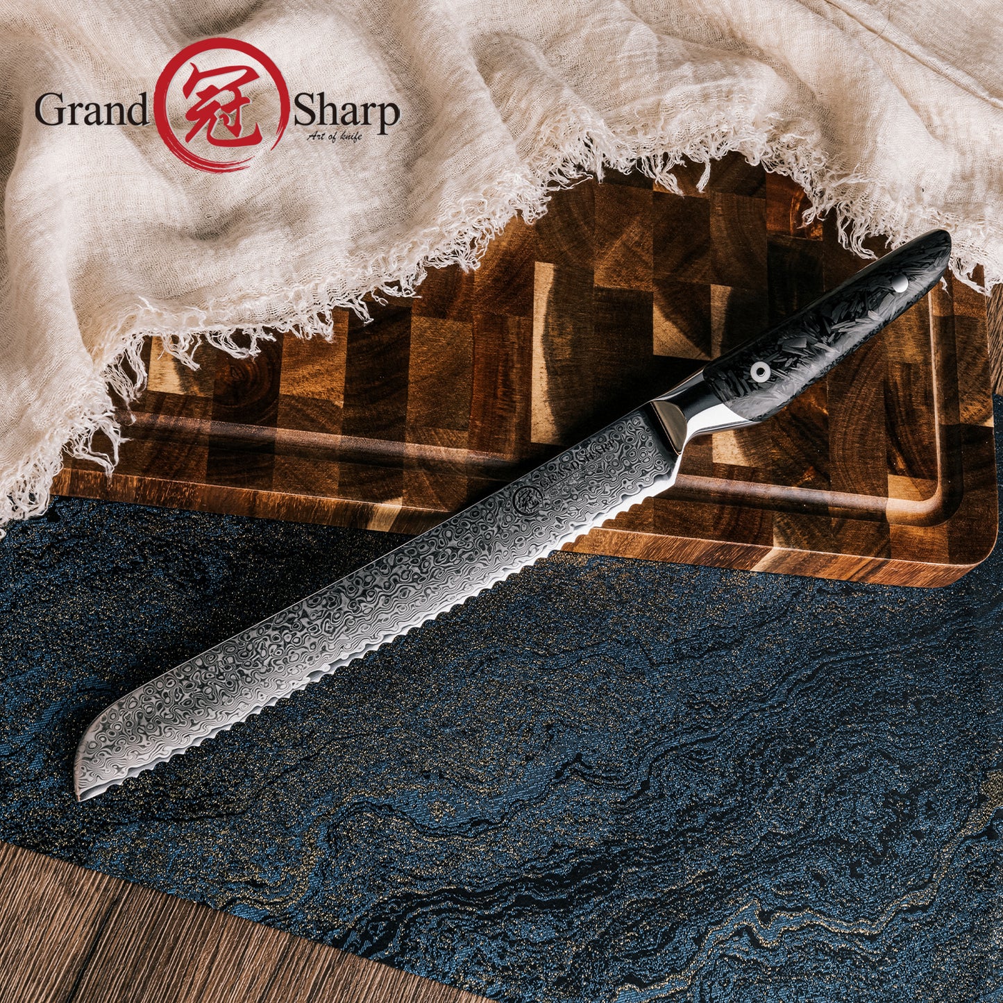 Grandsharp Kitchen 67 Layers 8 Inch Bread Knife AUS10 Damascus Steel Kitchen Bread Cutting Knives with Black Carbon Fiber Handle