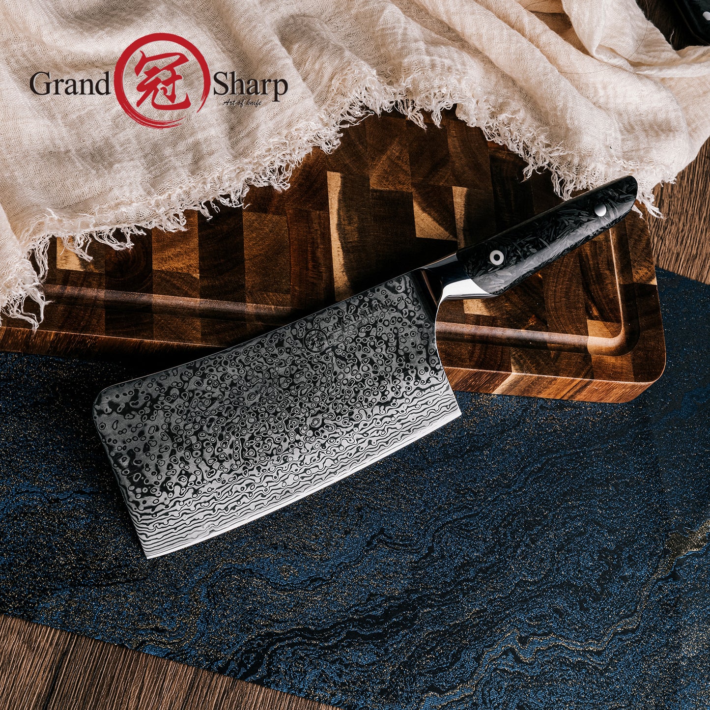 Grandsharp 7'' Kitchen Chopping Knife AUS10 Core 67 Layers Damascus Steel Cleaver Butcher Knife with Black Carbon Fiber Handle