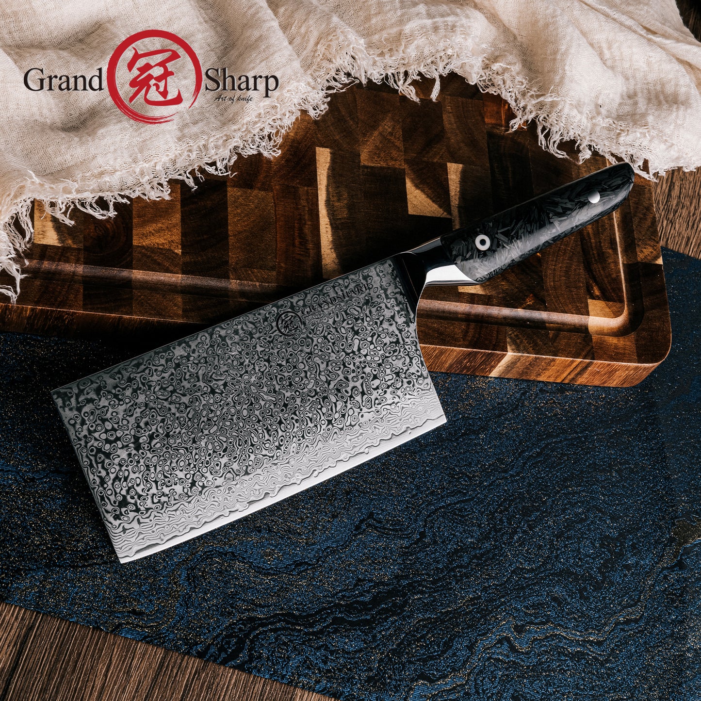 Grandsharp Premium Cleaver Cutting Knife Kitchen 67 Layers AUS10 Damascus Steel Cleaver Knives with Black Carbon Fiber Handle