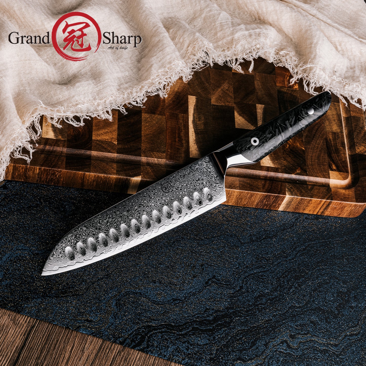 Grandsharp 7.5 Inch 67 Layers Santoku Knife Kitchen AUS10 Damascus Steel Santoku Knives Tools with Black Carbon Fiber Handle
