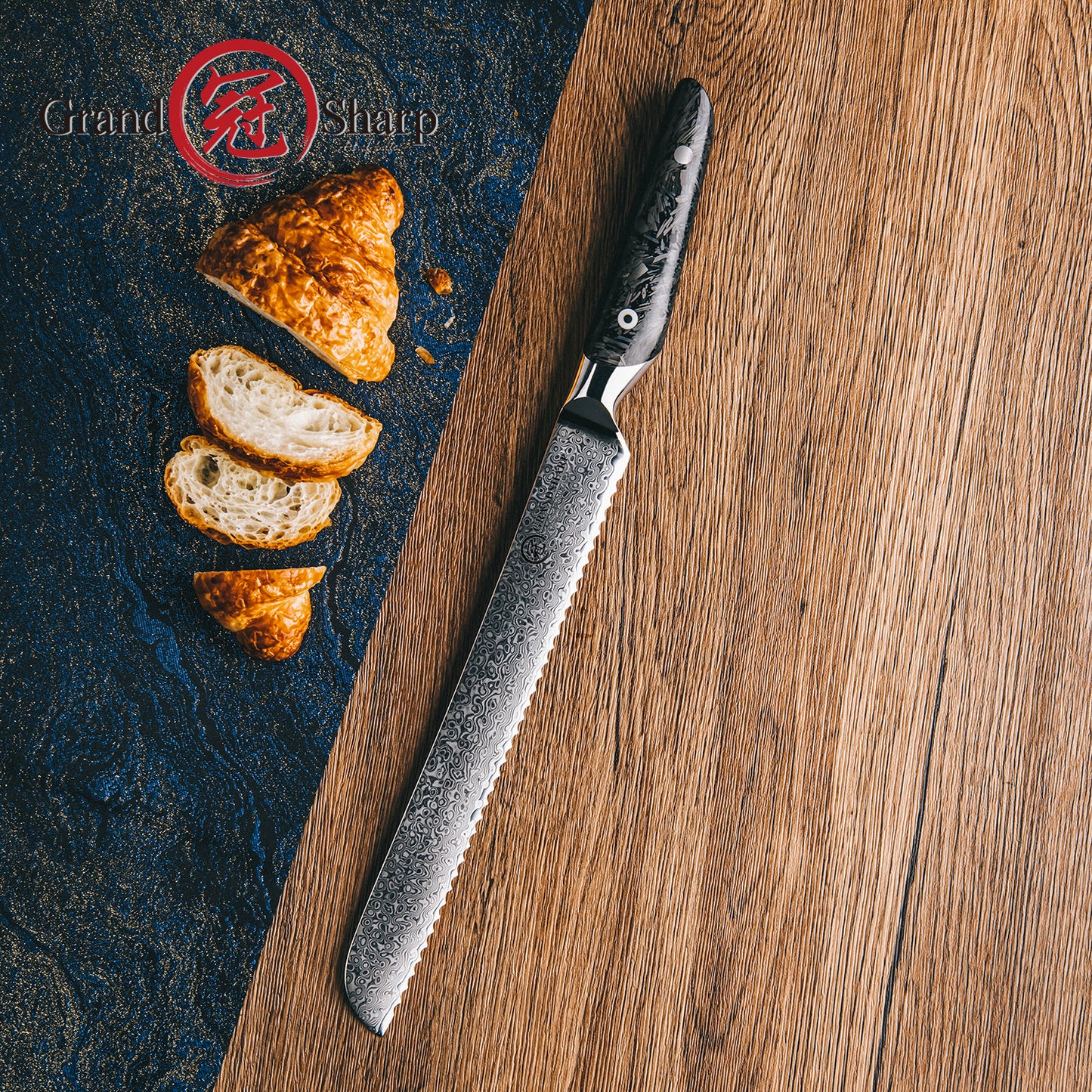 Grandsharp Kitchen 67 Layers 8 Inch Bread Knife AUS10 Damascus Steel Kitchen Bread Cutting Knives with Black Carbon Fiber Handle