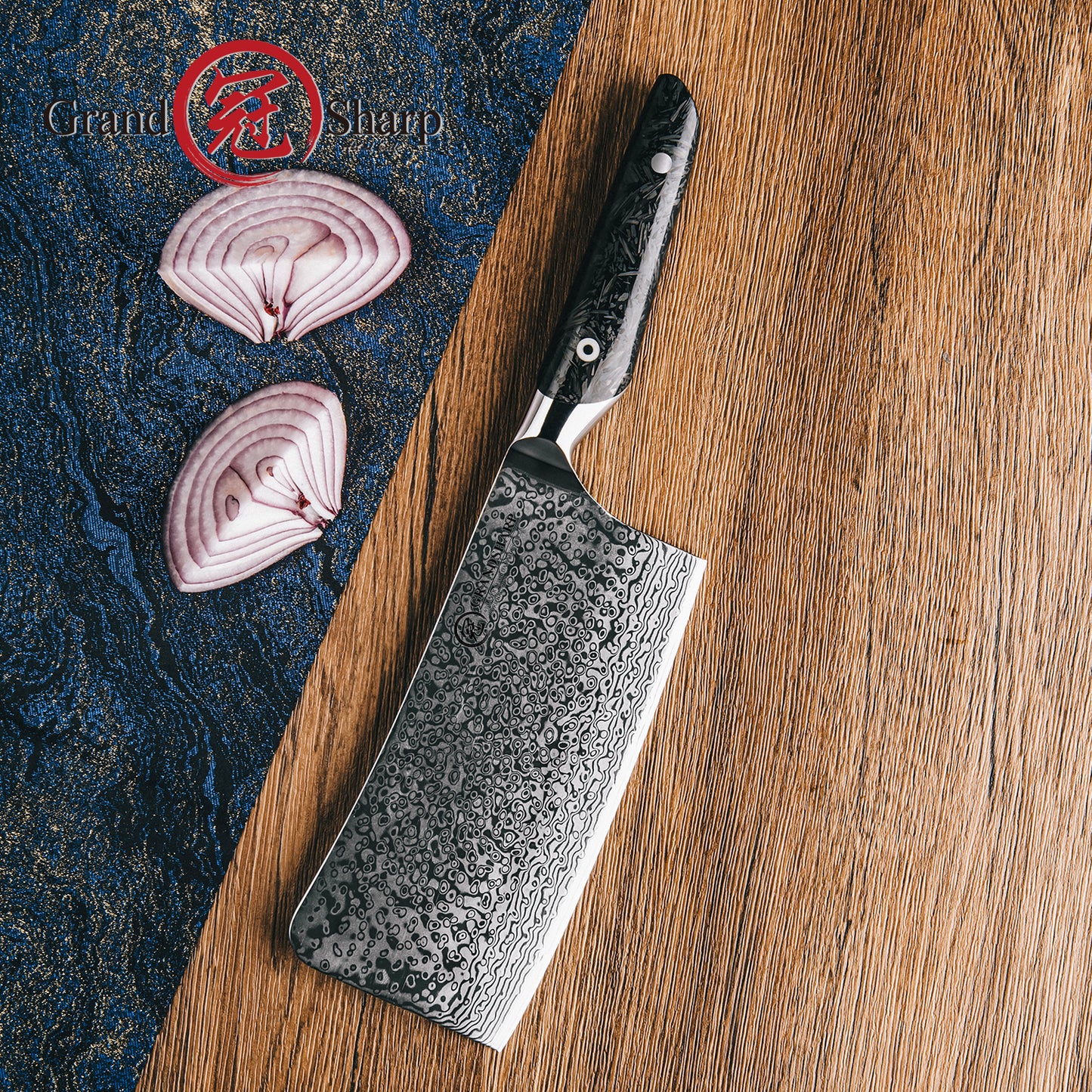 Grandsharp 7'' Kitchen Chopping Knife AUS10 Core 67 Layers Damascus Steel Cleaver Butcher Knife with Black Carbon Fiber Handle