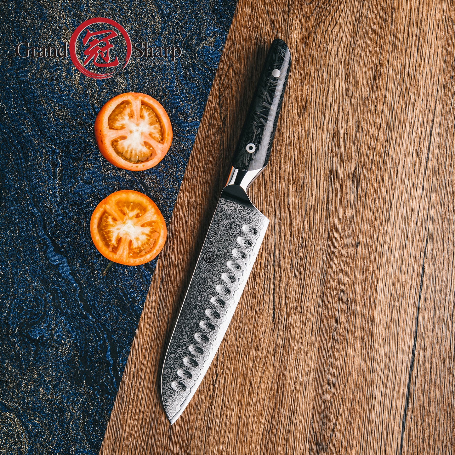 Grandsharp 7.5 Inch 67 Layers Santoku Knife Kitchen AUS10 Damascus Steel Santoku Knives Tools with Black Carbon Fiber Handle