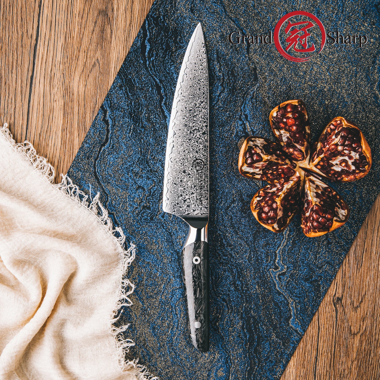 Grandsharp Kitchen 8 Inch Chef Knife Damascus AUS10 67 Layers Steel Chef Kitchen Knives Cutting with Black Carbon Fiber Handle