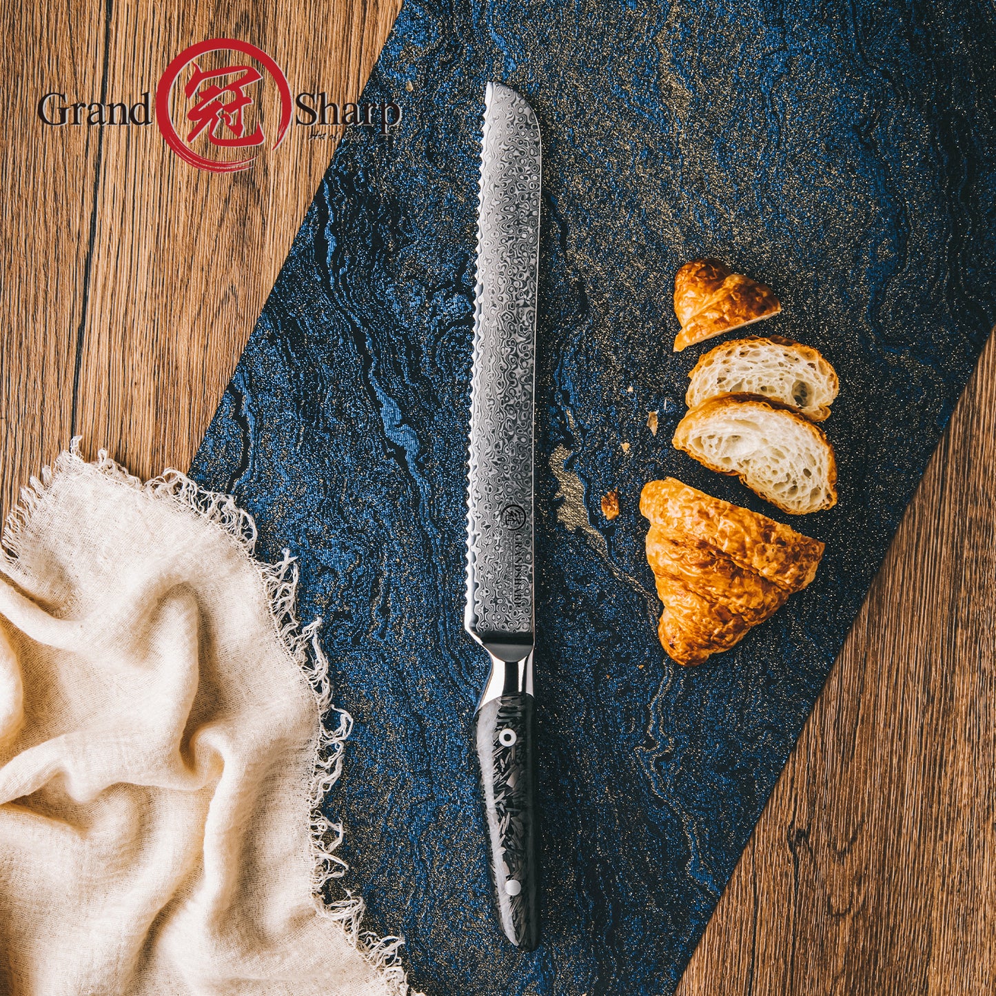 Grandsharp Kitchen 67 Layers 8 Inch Bread Knife AUS10 Damascus Steel Kitchen Bread Cutting Knives with Black Carbon Fiber Handle