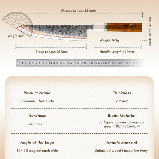 Grandsharp 55 Layers Copper Damascus Gyuto Knife New Handle