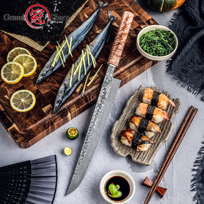 Grandsharp Coreless Damascus Sashimi Sakimaru Knife 270mm