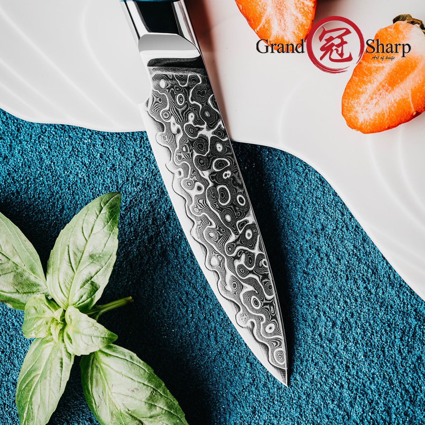 Grandsharp Premium Paring Knife 4'' 129 Layers Japanese Damascus Steel Paring Small Fruit Damascus Knives with Blue Resin Handle