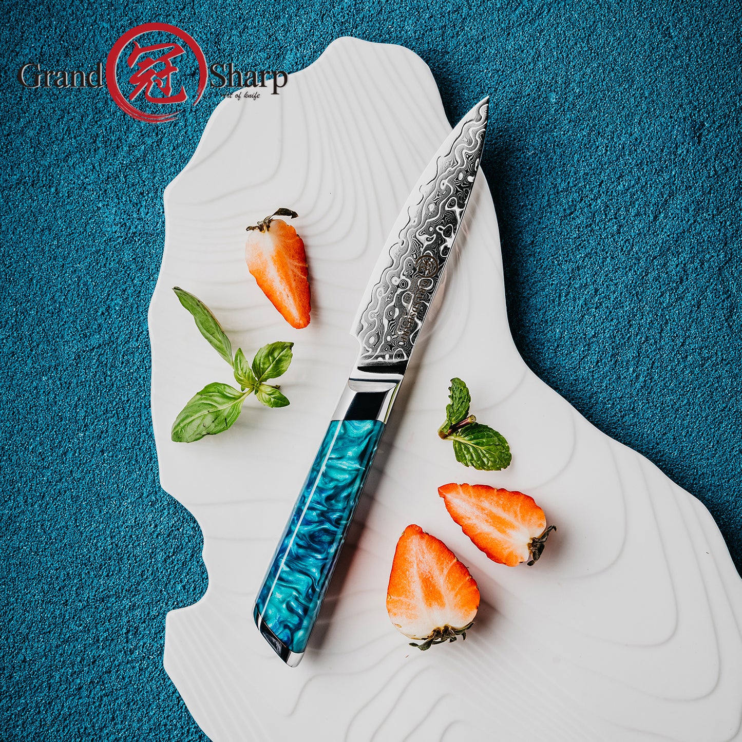 Grandsharp Premium Paring Knife 4'' 129 Layers Japanese Damascus Steel Paring Small Fruit Damascus Knives with Blue Resin Handle