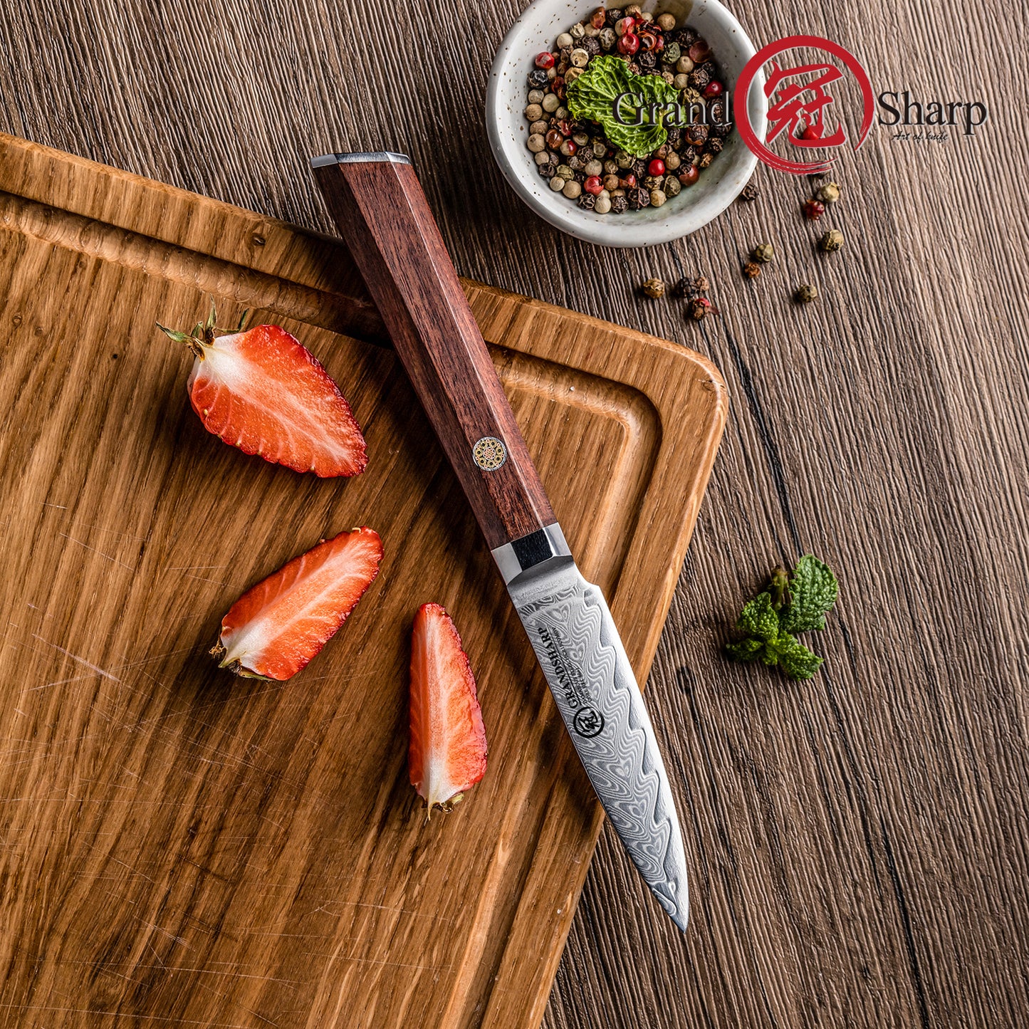 Grandsharp Rose Wood Handle Damascus Paring Knife