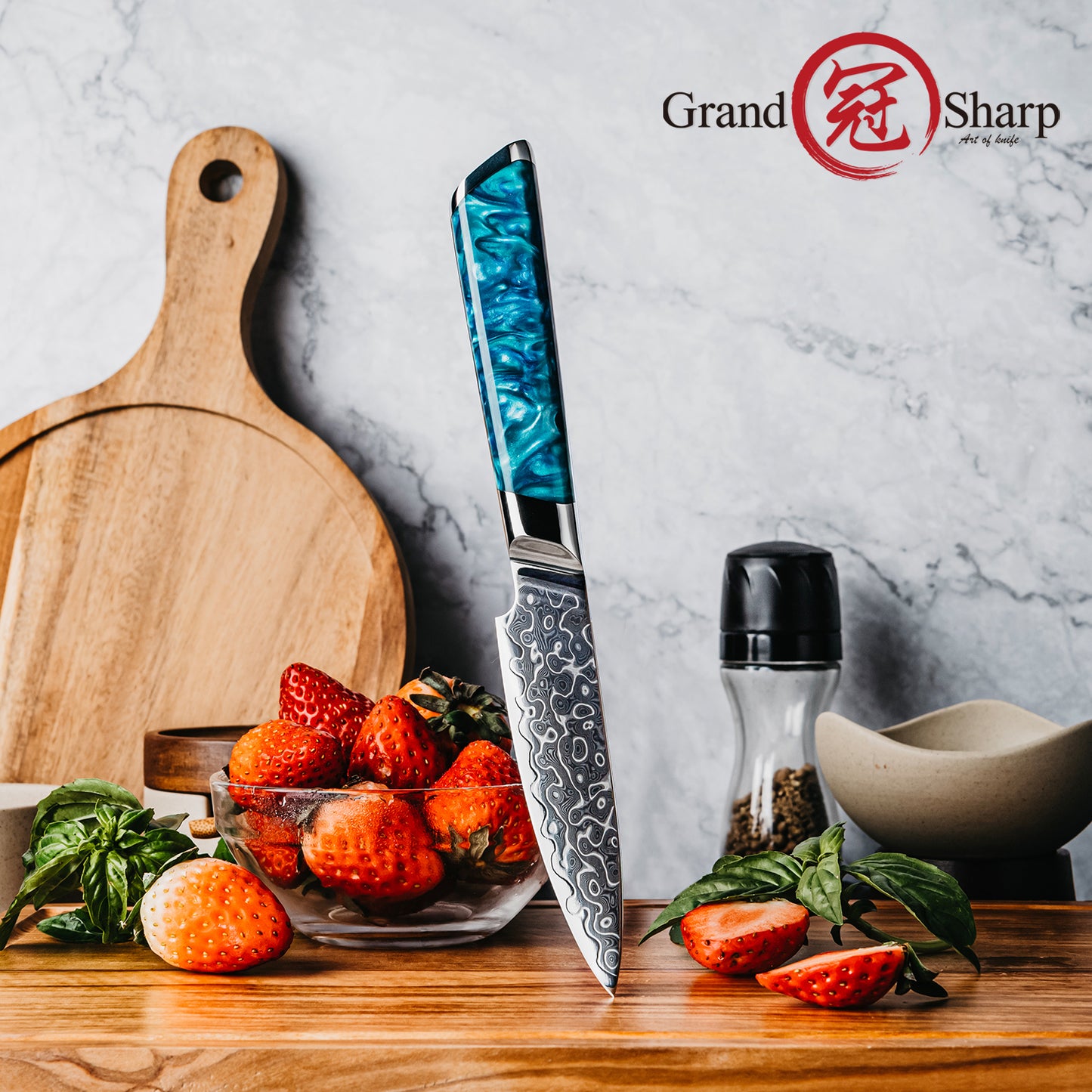 Grandsharp Premium Paring Knife 4'' 129 Layers Japanese Damascus Steel Paring Small Fruit Damascus Knives with Blue Resin Handle