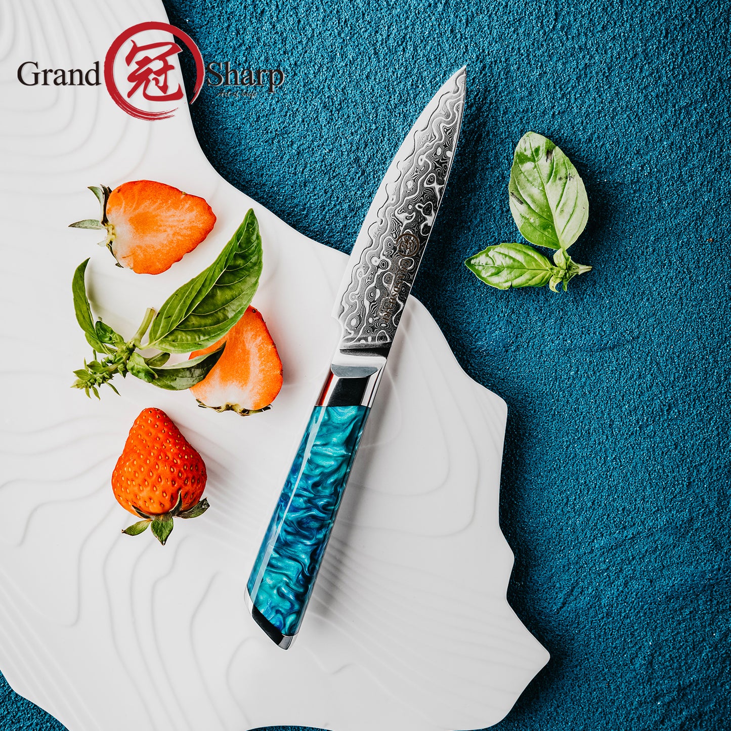 Grandsharp Premium Paring Knife 4'' 129 Layers Japanese Damascus Steel Paring Small Fruit Damascus Knives with Blue Resin Handle