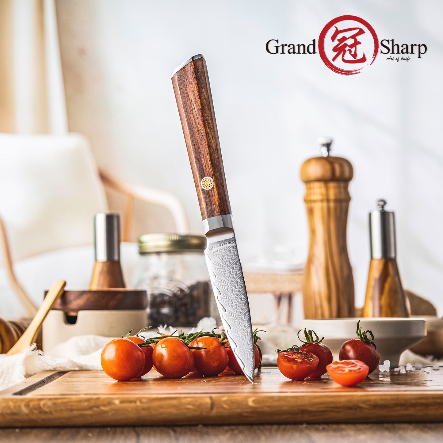Grandsharp Rose Wood Handle Damascus Paring Knife