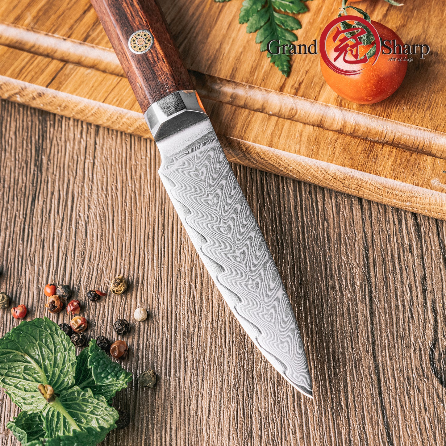 Grandsharp Rose Wood Handle Damascus Paring Knife