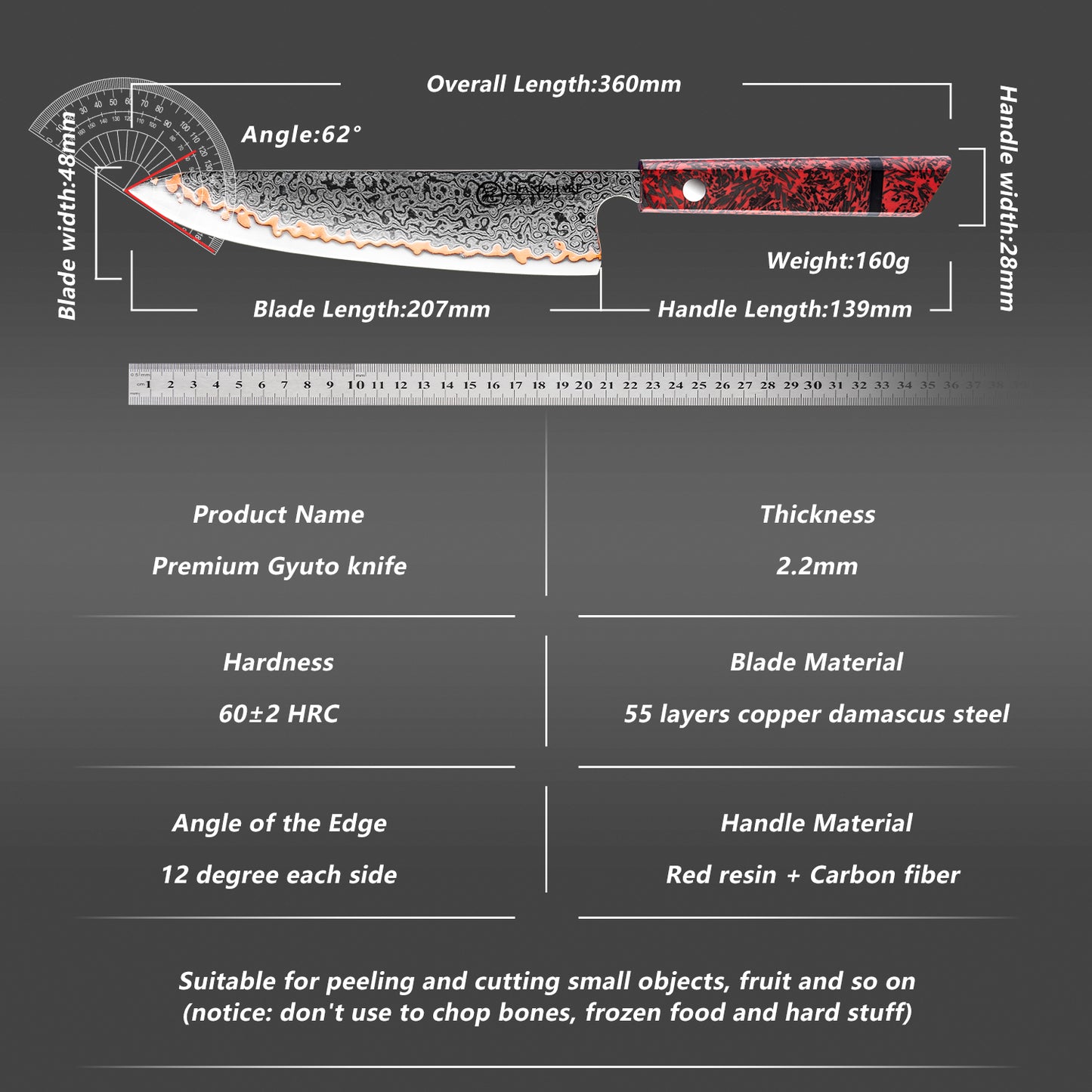 Grandsharp 8''Chef Knife 55 Layers Copper Damascus Steel Kitchen Knife Red Resin Carbon Fiber Handle Professional Cooking Tool