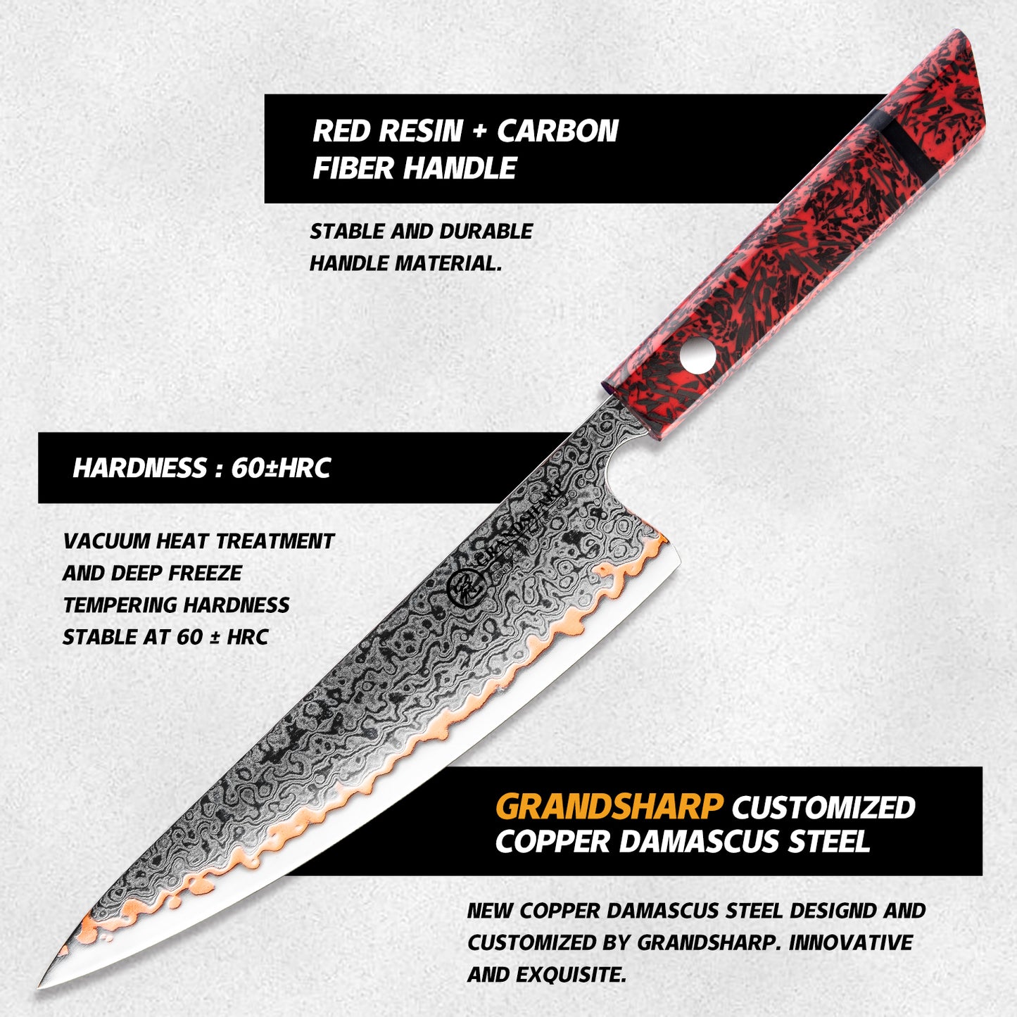 Grandsharp 8''Chef Knife 55 Layers Copper Damascus Steel Kitchen Knife Red Resin Carbon Fiber Handle Professional Cooking Tool