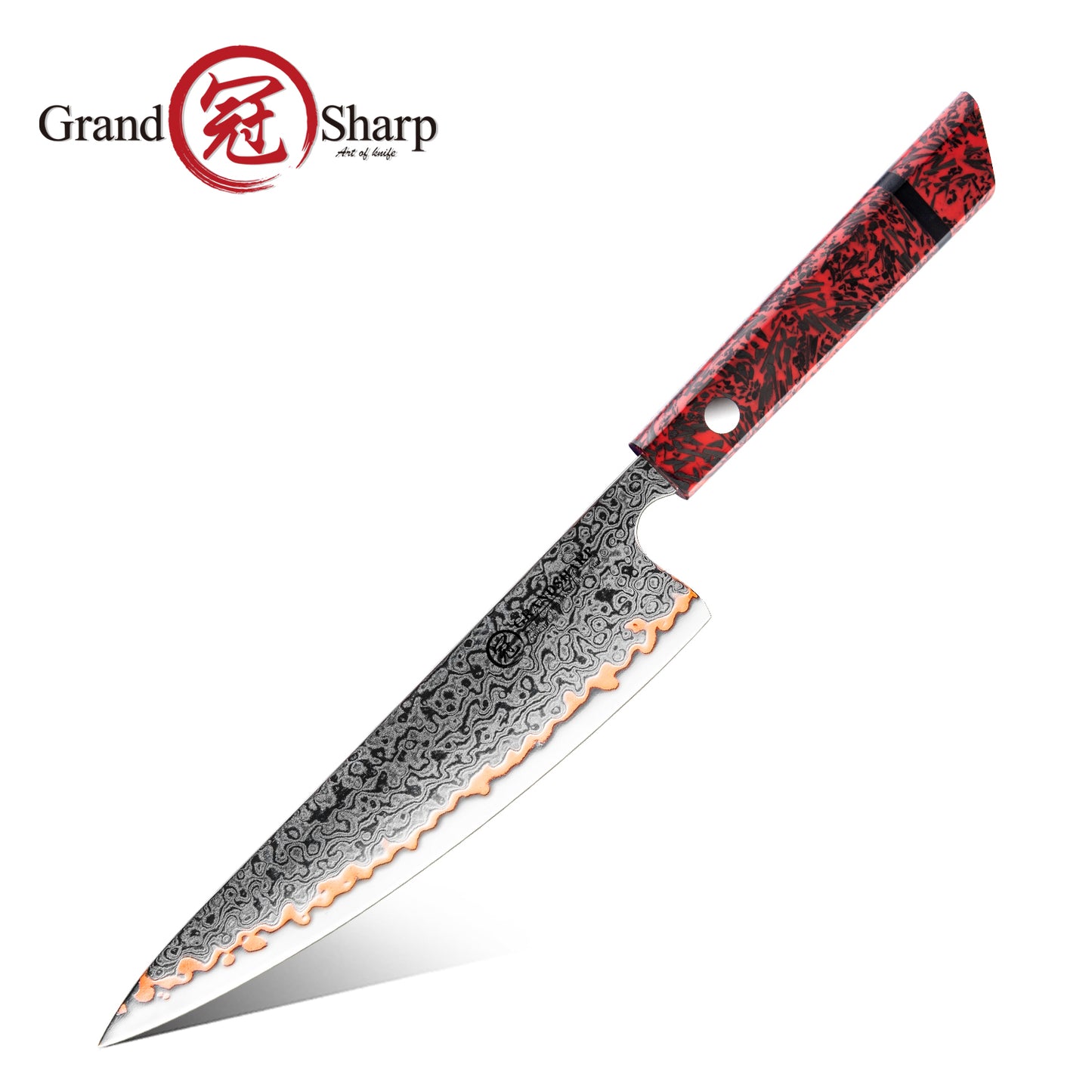 Grandsharp 55 Layers Copper Damascus Chef Gyuto Knife with Red Handle